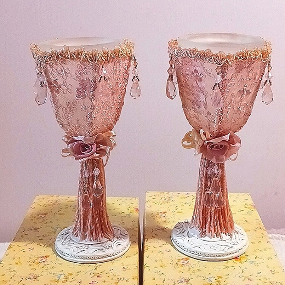 Elegant ⚜️ Victorian 2 Candle Holders, Beaded Crystal/Lace/Fringe Detail Design